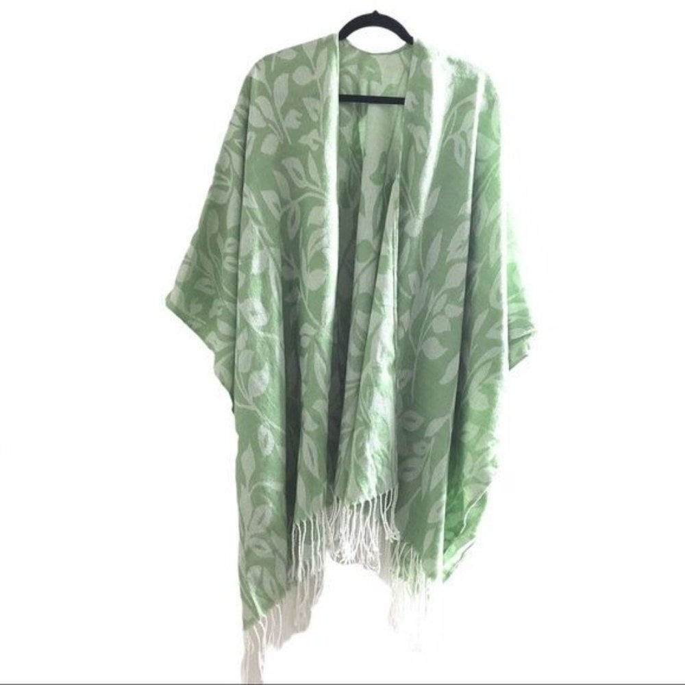 Noelle Sage White Floral Fringe Poncho One Size